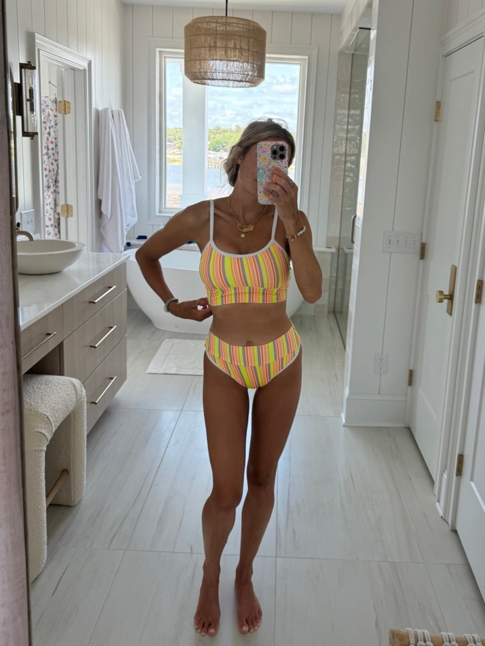 LainSnow Neon Multi-Stripe Yellow Lined Bikini S Top & Bottom